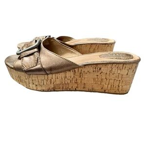 Fossil Malea Leather Buckle Y2K 90’s Cork Wedge Copper Bronze Slip On Sandals